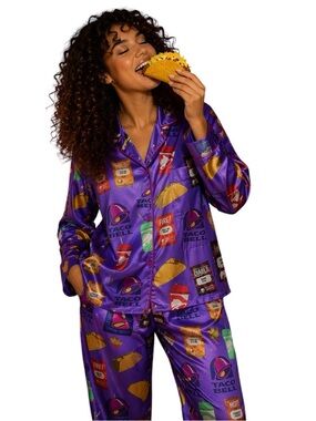 🔥 Taco Bell Pajama Set XXL NWT Viral TikTok Purple Lounge Set Long Sleeve Pants